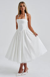 White Satin Halter Square Neck Fit And Flare Midi Dress With Tulle Hem