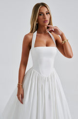 White Satin Halter Square Neck Fit And Flare Midi Dress With Tulle Hem