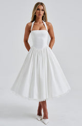 White Satin Halter Square Neck Fit And Flare Midi Dress With Tulle Hem