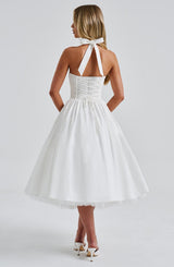 White Satin Halter Square Neck Fit And Flare Midi Dress With Tulle Hem