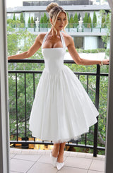White Satin Halter Square Neck Fit And Flare Midi Dress With Tulle Hem