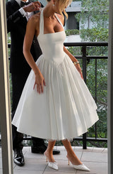 White Satin Halter Square Neck Fit And Flare Midi Dress With Tulle Hem