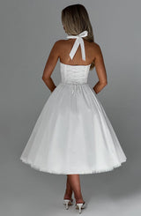 White Satin Halter Square Neck Fit And Flare Midi Dress With Tulle Hem