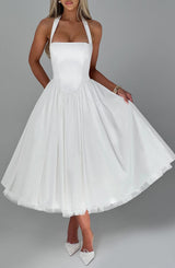 White Satin Halter Square Neck Fit And Flare Midi Dress With Tulle Hem