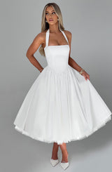 White Satin Halter Square Neck Fit And Flare Midi Dress With Tulle Hem