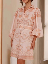 rita Printed Button Down Shirt mini Dress with Belt