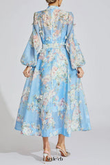 tiffany pale blue floral Printed puff sleeve Maxi Dress
