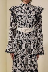 alma Chiffon Embroidered Single Breasted Midi Dress With Belt - black