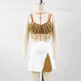MIRIAM KHAKI METAL PEARL CHAIN TASSEL MINI SKIRT SET