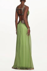 virginia green Halter Pleated Cut Out Sequin Maxi Dress
