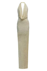 stephanie beading embellished halter backless maxi dress in Butter
