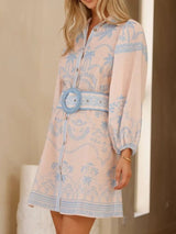 rita Printed Button Down Shirt mini Dress with Belt