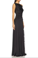 sara black Asymmetrical pleated maxi dress with side slit lace trim