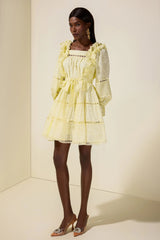 victoria Embroidered hollow Ruffle Mini Dress - yellow
