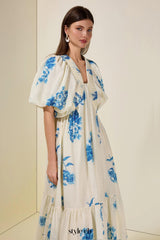 susie Print Smocking Puff Sleeve Midi Dress - blue