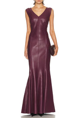 ophelia v-neck sleeveless leather maxi dress in burgundy