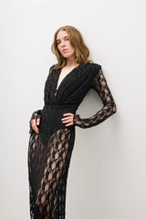 gwendolyn v neck hollow long sleeve lace maxi dress in black
