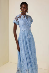 selena Lace Butterfly Pleated Midi Dress - blue