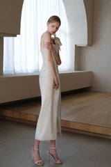 Estelle White Off Shoulder Satin Midi Dress with Bow
