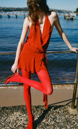 Halter backless V-neck sleeveless lace-up mini dress in red