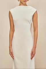white sleeveless backless knit midi dress with two pleated golden embellishments