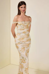 xaviera Mesh Floral Gathering Maxi Dress - yellow