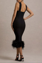 jenny Black Twist-Neck Feather Hem Midi Dress