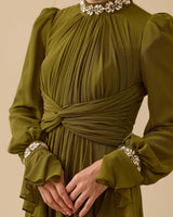 alyssa puff long sleeve pleated silk maxi dress in green