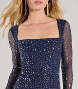 amanda navy Long Sleeve Rhinestone Mesh Mini Dress