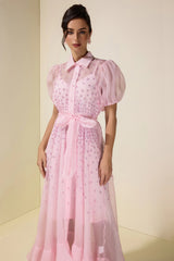 sylvia Rhinestone Puff Sleeve Maxi Dress With Belt - pink