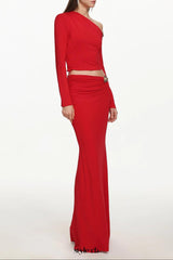 vicky metal flower Asymmetrical Long Sleeve Top skirt set - red