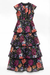 Black Floral Print Tiered Ruffle Maxi Dress