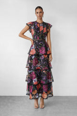 Black Floral Print Tiered Ruffle Maxi Dress