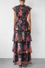Black Floral Print Tiered Ruffle Maxi Dress