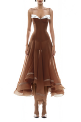 xaviera Rust Asymmetrical Midi Dress in Brown