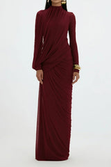 liz High Neck Asymmetric Drape ruched Maxi Dress in burgundy