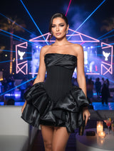 elizabeth Strapless Draped Ruffle mini Dress in Black
