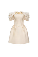 embroidery A-line Off-Shoulder Polyester Mini Dress in beige