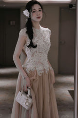 elvira Sequin lace crochet patchwork mesh maxi dress in brown