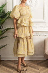 kristin Puff Sleeve Tiered Ruffle Midi Dress - Yellow