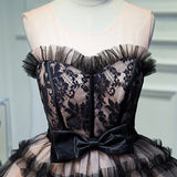 lorraine bow lace strapless puffy mini dress in black