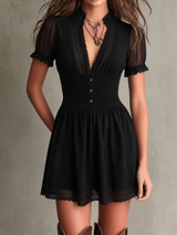 Classic Muse Smocked Lace-Trim Black Mini Dress