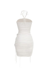 helen Halter Ruched Mesh Floral Mini Dress in white