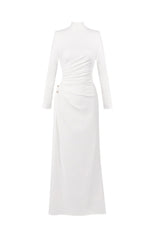 rita Metallic Double Ball Long-Sleeve High-Slit maxi Dress in white