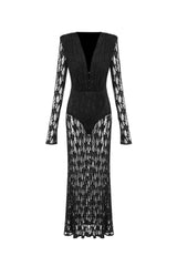 gwendolyn v neck hollow long sleeve lace maxi dress in black