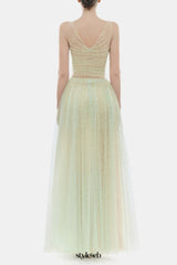 monica mint draped tulle fishbone maxi dress