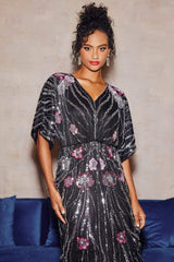 doreen Floral Embroidered Sequins Maxi Dress - black