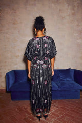 doreen Floral Embroidered Sequins Maxi Dress - black