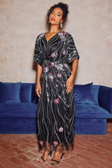 doreen Floral Embroidered Sequins Maxi Dress - black