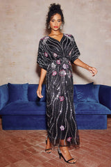 doreen Floral Embroidered Sequins Maxi Dress - black